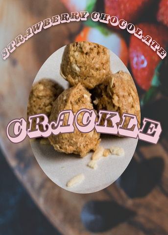 A photo of Strawberry Chocolate Crackle bites, which are peanut butter crackers with semi sweet chocolate and freeze dried strawberries.